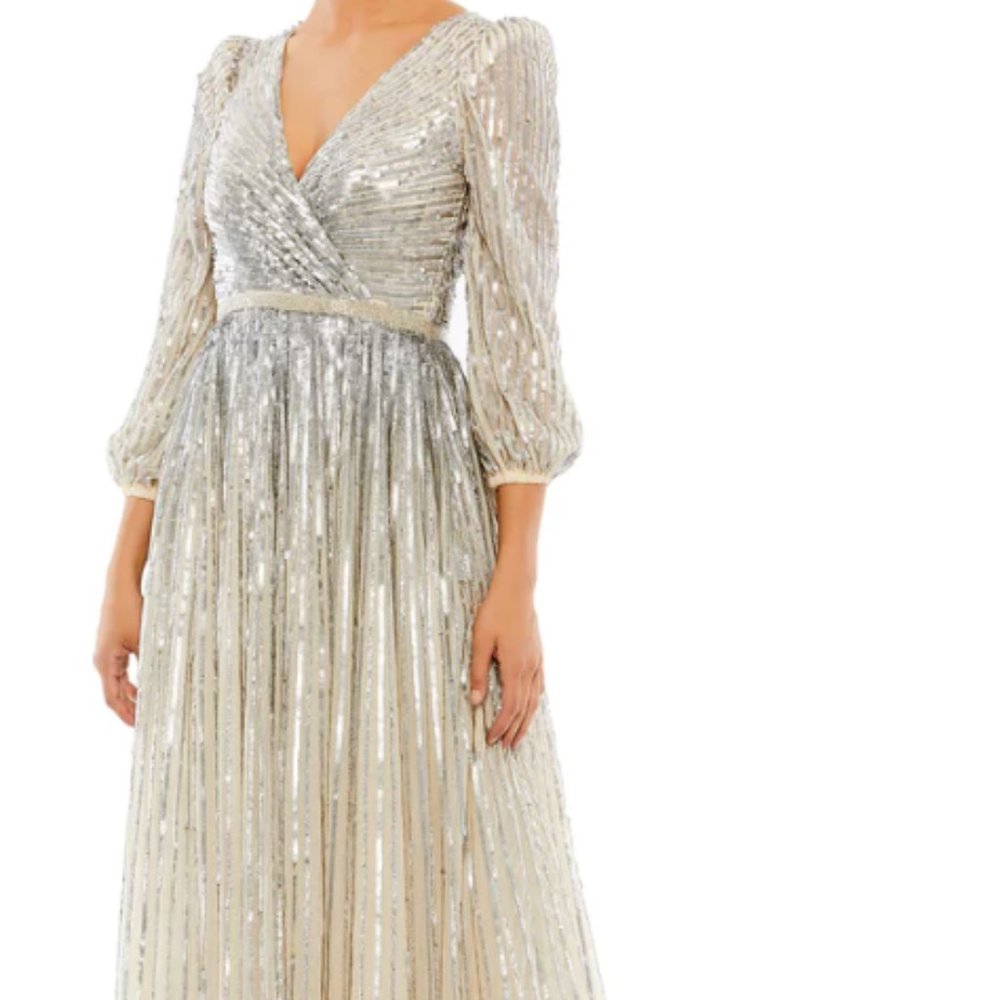 MAC DUGGAL 5509 SEQUIN 3/4 BISHOP SLEEVE SILVER NUDE GOWN sz 12